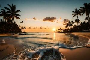 the sun sets on the beach in the caribbean. AI-Generated photo