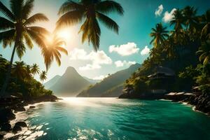 tropical island with palm trees and mountains. AI-Generated photo