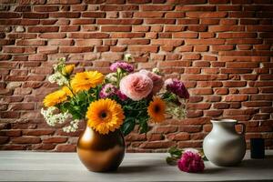 bouquet of flowers in a vase on a table. AI-Generated photo