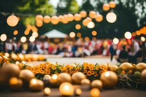 dorado pelotas y velas son en el primer plano de un boda. generado por ai foto