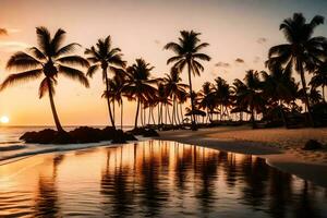 palma arboles en el playa a puesta de sol. generado por ai foto
