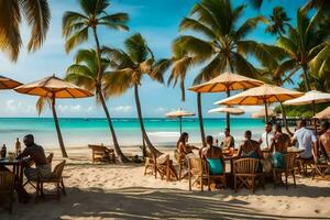 personas sentado a mesas en el playa con paraguas generado por ai foto