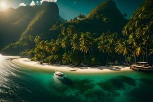 a boat is docked on a tropical island surrounded by palm trees. AI-Generated photo