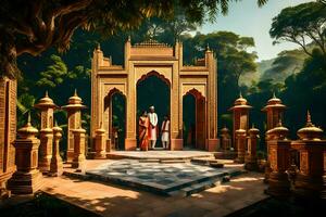 a man and woman standing in front of a temple. AI-Generated photo