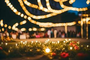 a wedding reception with lights and flowers. AI-Generated photo