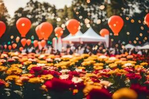 many balloons are floating in the air at a flower field. AI-Generated photo