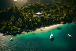 an island with a house on it surrounded by palm trees. AI-Generated photo