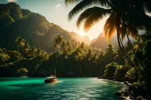 un barco es navegación mediante el Oceano cerca un tropical isla. generado por ai foto