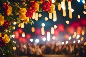 a wedding ceremony with colorful flowers and lights. AI-Generated photo