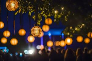 many hanging lanterns are on the ground at night. AI-Generated photo