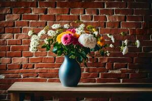 a vase of flowers on a table in front of a brick wall. AI-Generated photo