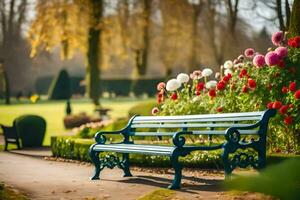 a park bench in front of a garden with flowers. AI-Generated photo