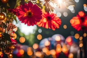 red flowers and bokeh lights in the background. AI-Generated photo