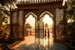 a couple is walking through an archway at sunset. AI-Generated photo