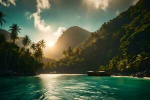 a boat in the ocean surrounded by palm trees. AI-Generated photo