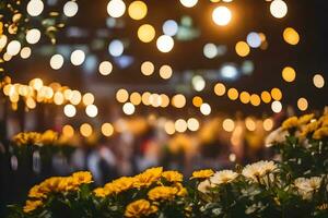 amarillo flores en frente de un ciudad calle a noche. generado por ai foto