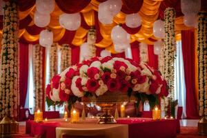 a red and white wedding reception with a large flower arrangement. AI-Generated photo