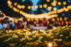 a wedding party is seen in the background with lights and flowers. AI-Generated photo