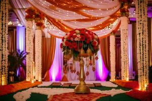 an indian wedding ceremony with red and orange decorations. AI-Generated photo