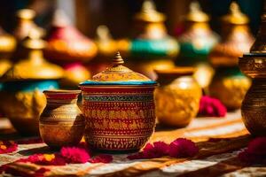 many colorful pots and vases are sitting on a table. AI-Generated photo