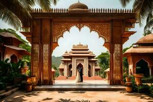 a bride and groom standing in front of an ornate archway. AI-Generated photo