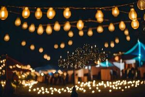 a wedding reception with string lights and candles. AI-Generated photo