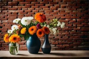 flowers in vases on a table in front of a brick wall. AI-Generated photo