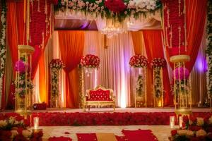 an indian wedding stage decorated with red and gold. AI-Generated photo