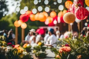 a group of people standing around a table with paper lanterns. AI-Generated photo