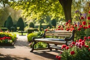 un banco en un jardín rodeado por flores generado por ai foto