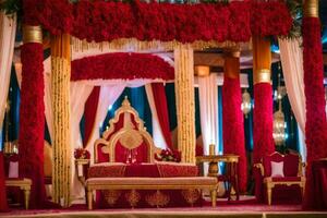 an indian wedding ceremony with red and gold decor. AI-Generated photo