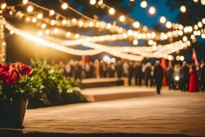 a wedding reception with lights strung across the walkway. AI-Generated photo