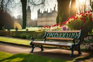 a bench in a garden with flowers and a castle in the background. AI-Generated photo