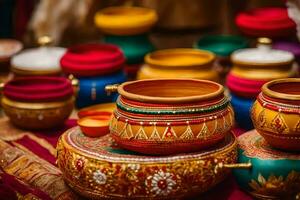 colorful pots and bowls on a table. AI-Generated photo