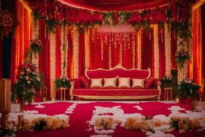 a red carpeted stage with gold and red decorations. AI-Generated photo
