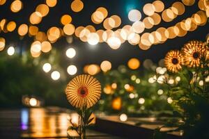 a flower is in the foreground with lights in the background. AI-Generated photo