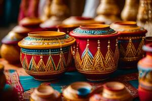 indian pottery on display at a market. AI-Generated photo