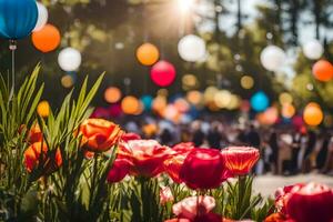 colorful balloons are flying in the air over a field of flowers. AI-Generated photo