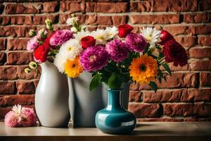 colorful flowers in vases on a table. AI-Generated photo