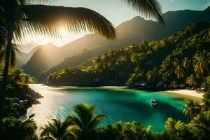 a tropical island with palm trees and a boat. AI-Generated photo