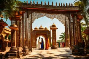 a couple is standing in front of an ornate archway. AI-Generated photo