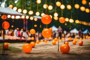 orange balloons hanging from strings in the dark. AI-Generated photo