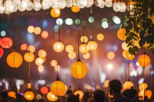 many paper lanterns hanging from the ceiling at night. AI-Generated photo