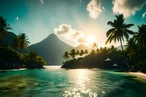 the sun shines over a tropical island with palm trees. AI-Generated photo
