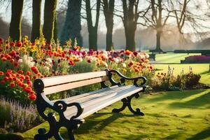 a park bench in front of a field of flowers. AI-Generated photo
