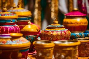 colorful pots and vases are displayed on a table. AI-Generated photo