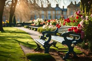 a park bench with flowers in the background. AI-Generated photo