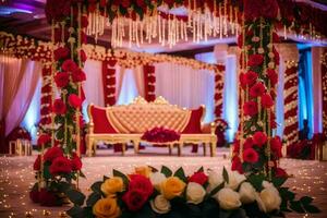 a beautiful wedding stage decorated with red and gold flowers. AI-Generated photo