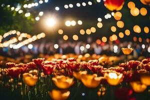 un campo de tulipanes a noche con luces en el antecedentes. generado por ai foto