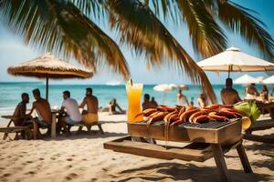 a barbecue grill on the beach with people sitting around it. AI-Generated photo